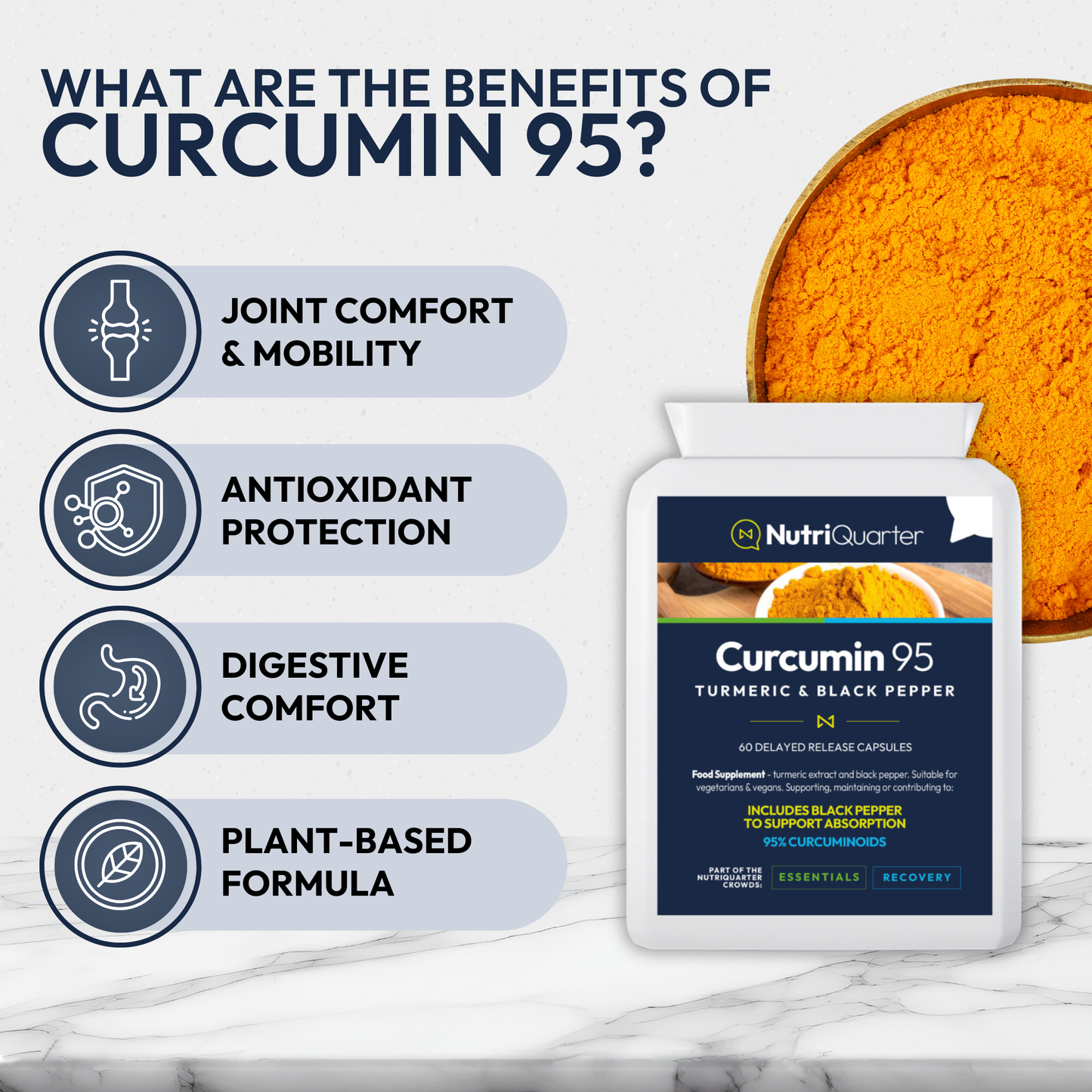 NutriQuarter Curcumin 95 supplement packaging with benefits listed on a marble surface.