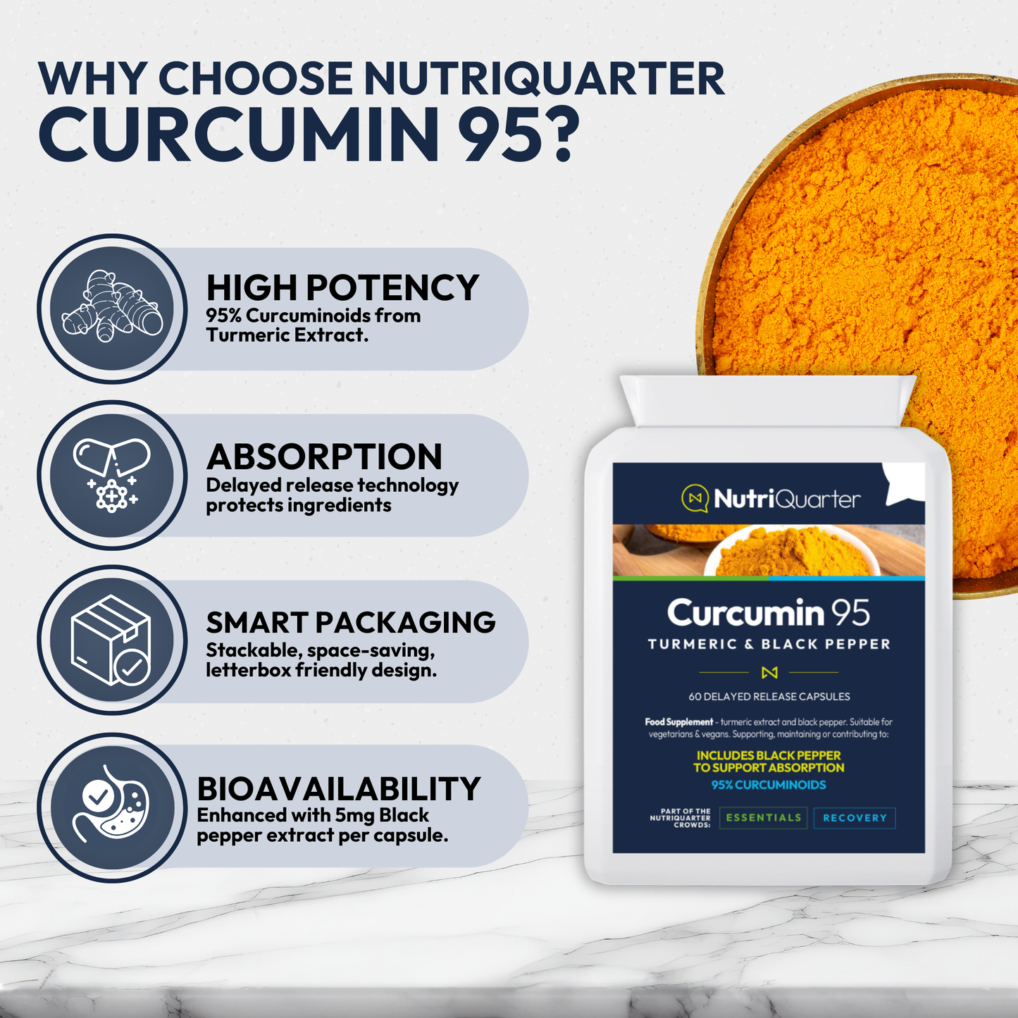 NutriQuarter Curcumin 95 supplement packaging with product details on a marble surface.