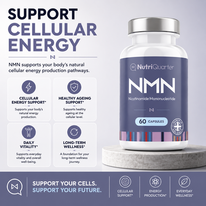 NMN supplement bottle with branding and product information on a light gray background