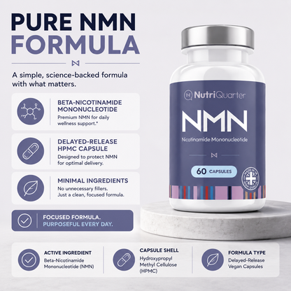 NutriQuarter NMN supplement bottle with features listed on a white background