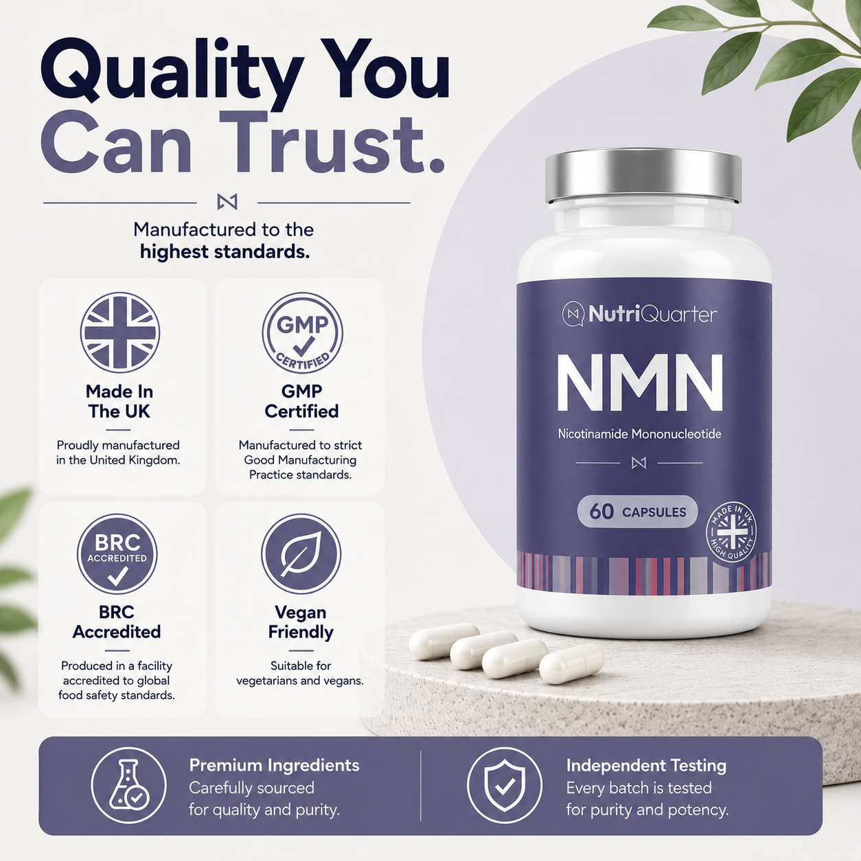 NutriQuarter NMN supplement bottle with certification badges on a light background