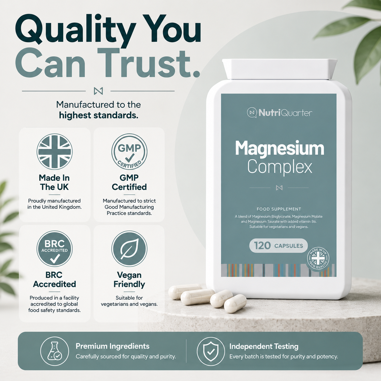 NutriQuarter Magnesium Complex supplement bottle with quality certification icons on a light background