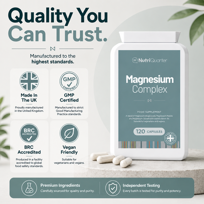 NutriQuarter Magnesium Complex supplement bottle with quality certification icons on a light background