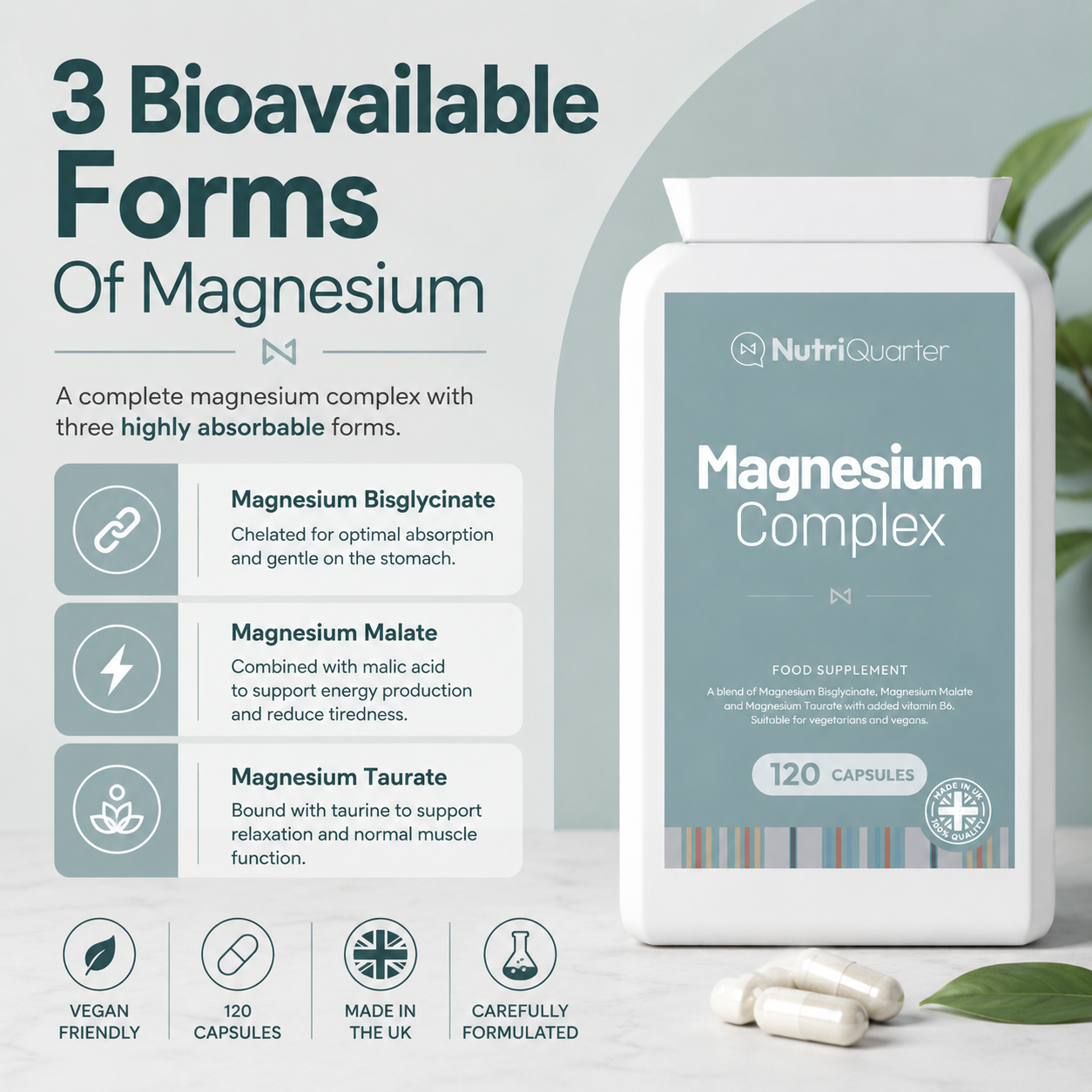 NutriQuarter Magnesium Complex supplement packaging with product details on a light background