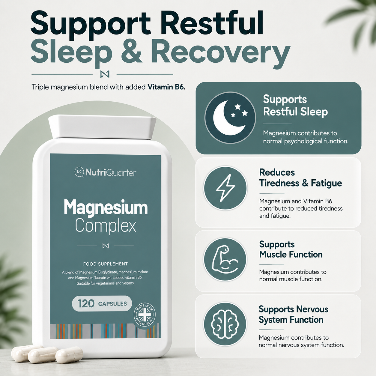 NutriQuarter Magnesium Complex supplement packaging with supporting text on a light gray background