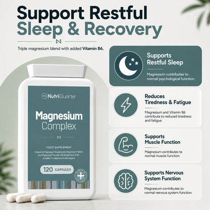 NutriQuarter Magnesium Complex supplement packaging with supporting text on a light gray background