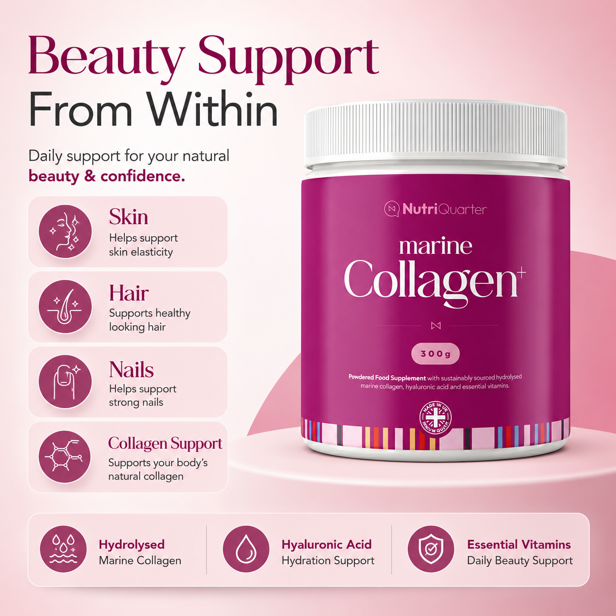 Marine Collagen supplement container with benefits listed on a pink background