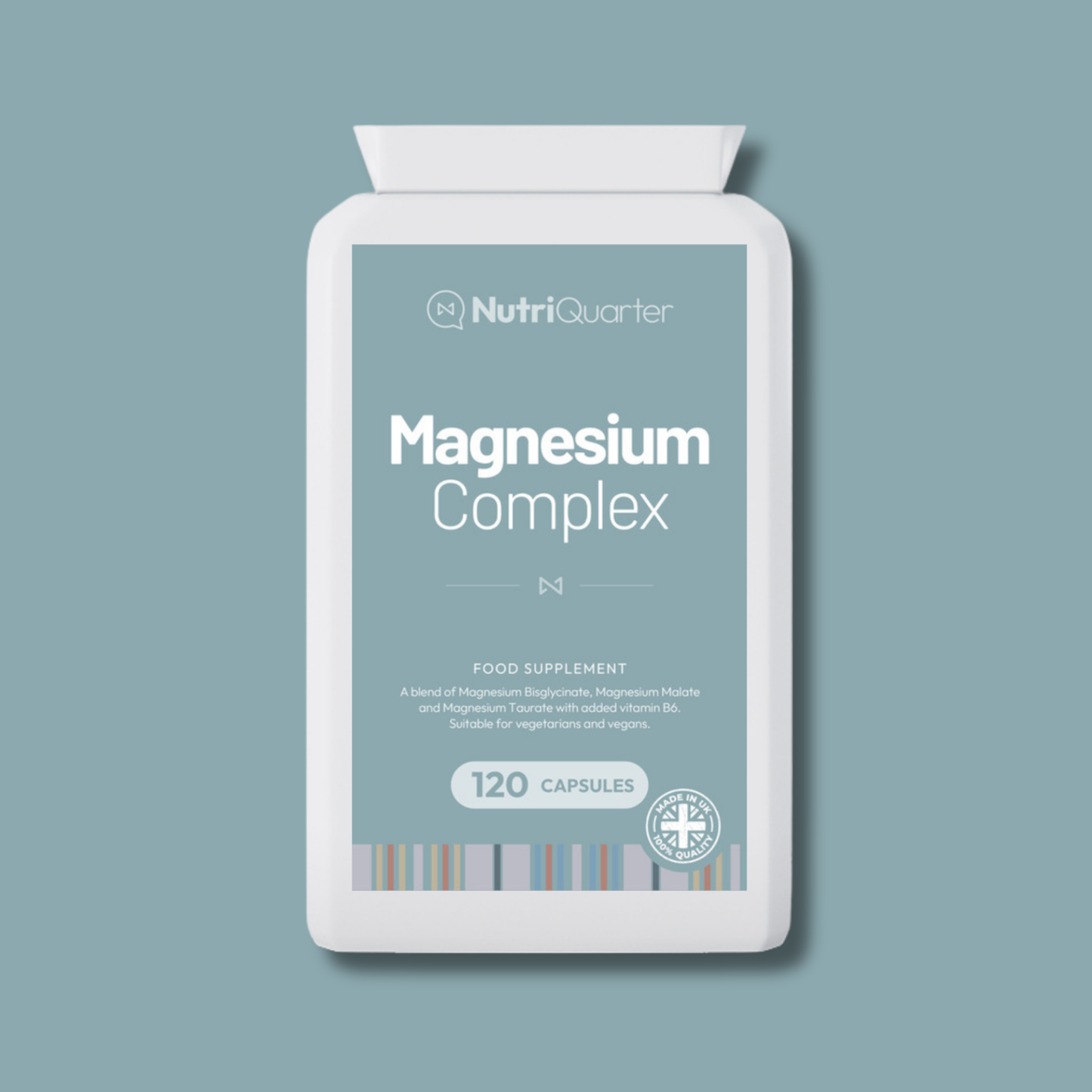 NutriQuarter Magnesium Complex supplement package on a light blue background