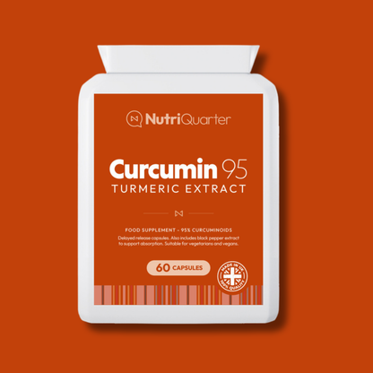 NutriQuarter Curcumin 95 Turmeric Extract supplement packaging on an orange background