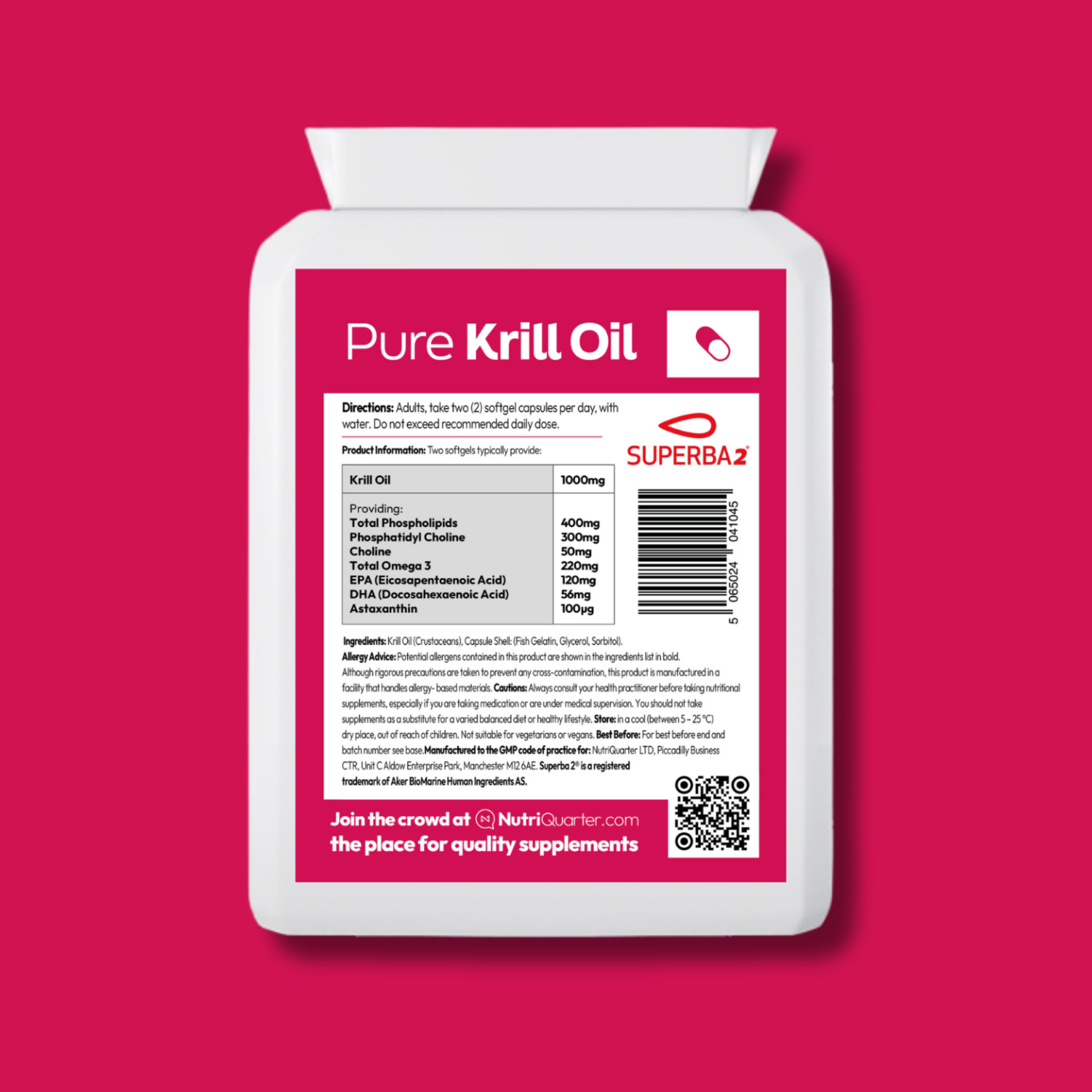Supplement bottle labeled 'Pure Krill Oil' on a pink background