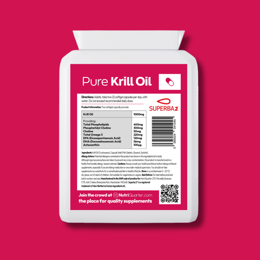 Supplement bottle labeled 'Pure Krill Oil' on a pink background