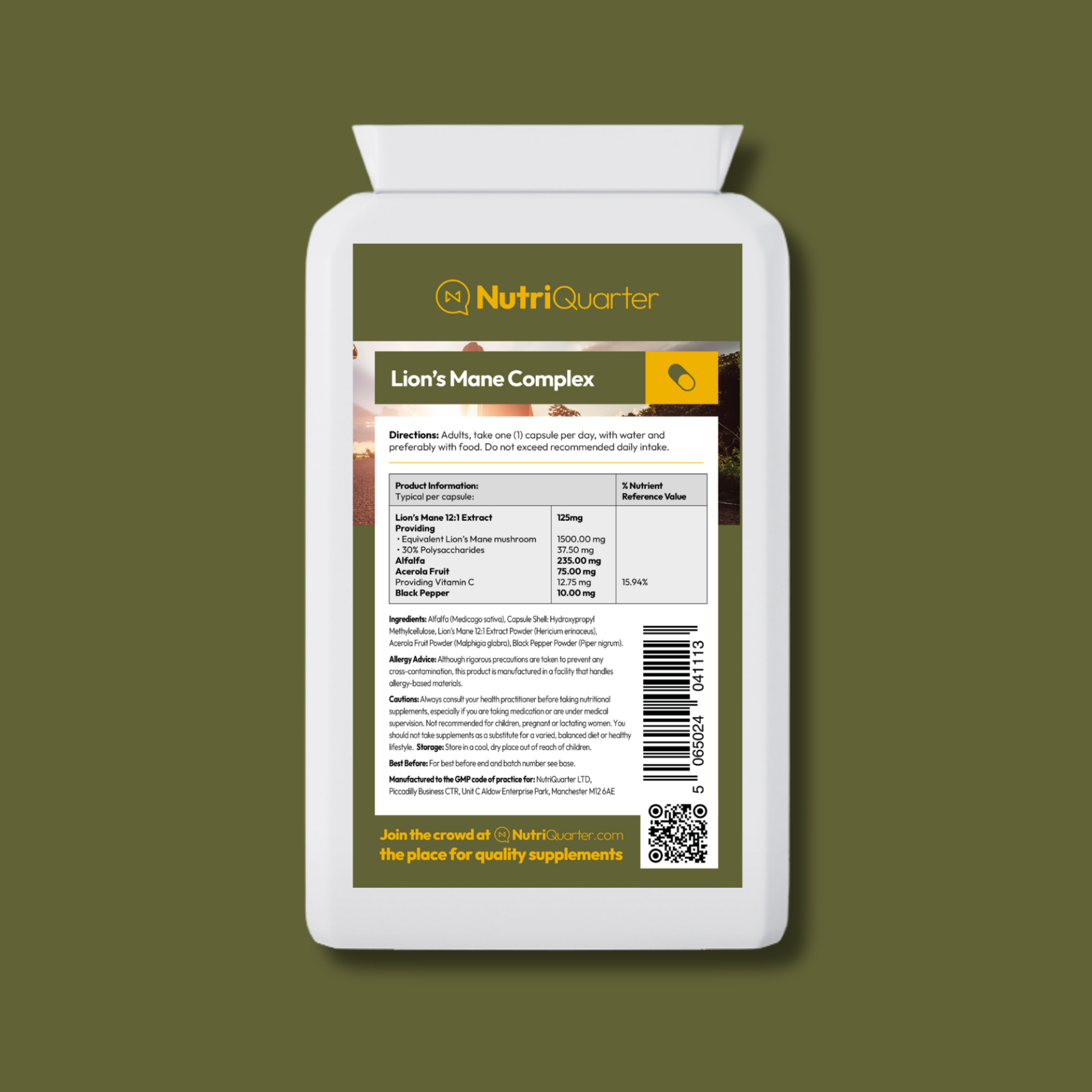 Supplement package with NutriQuarter branding on a green background