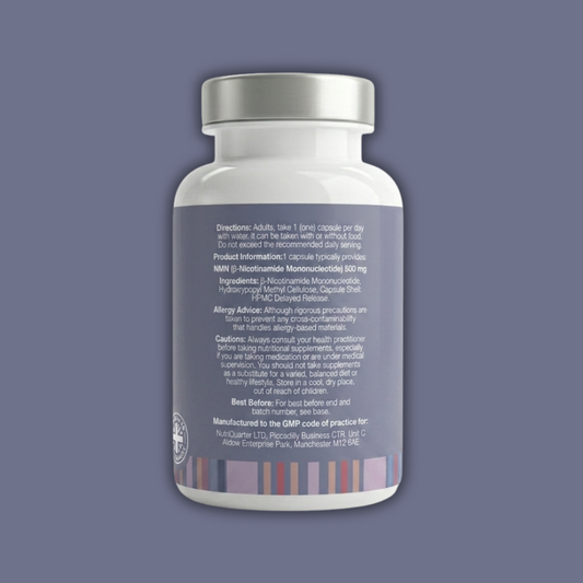 NMN 500mg supplement – ingredients and dosage label close-up
