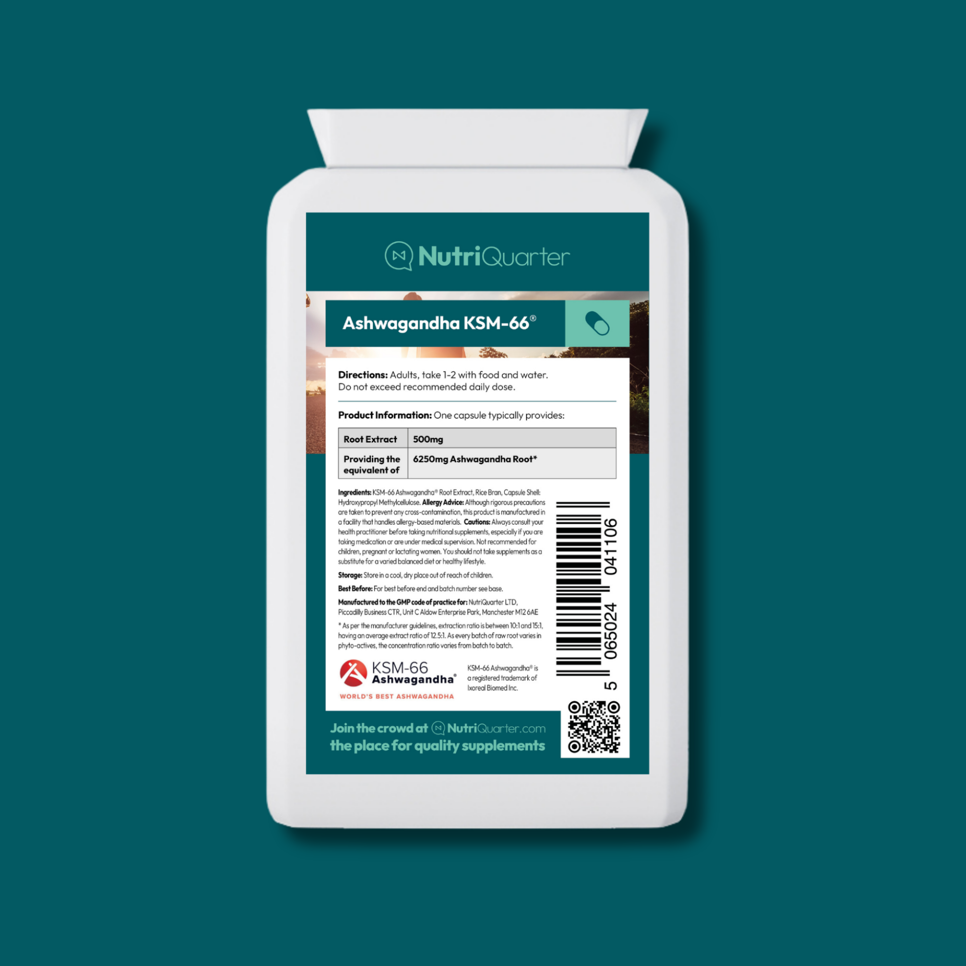 Ashwagandha KSM-66® supplement bottle – front label view
