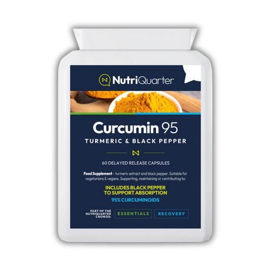 NutriQuarter Curcumin 95 Turmeric & Black Pepper supplement packaging on a white background