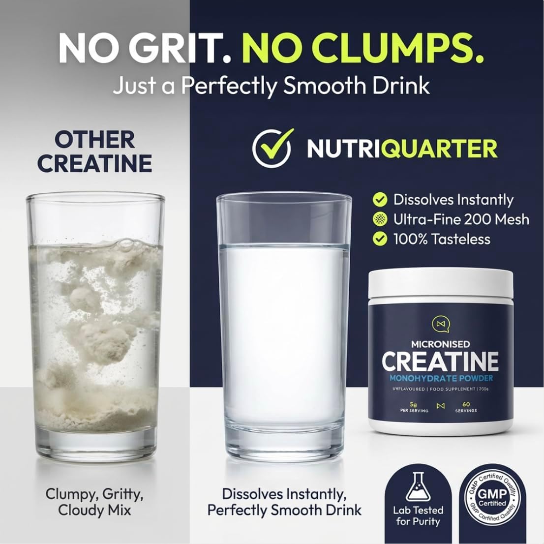 Advertisement for Nutriquarter creatine supplement showing a comparison with other creatine products.