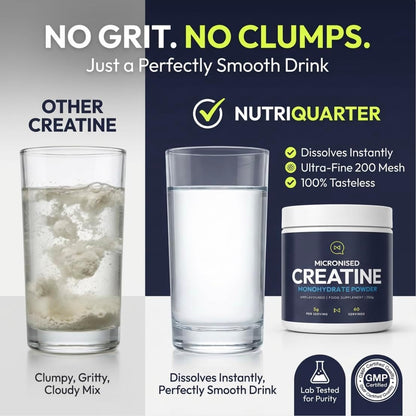 Advertisement for Nutriquarter creatine supplement showing a comparison with other creatine products.