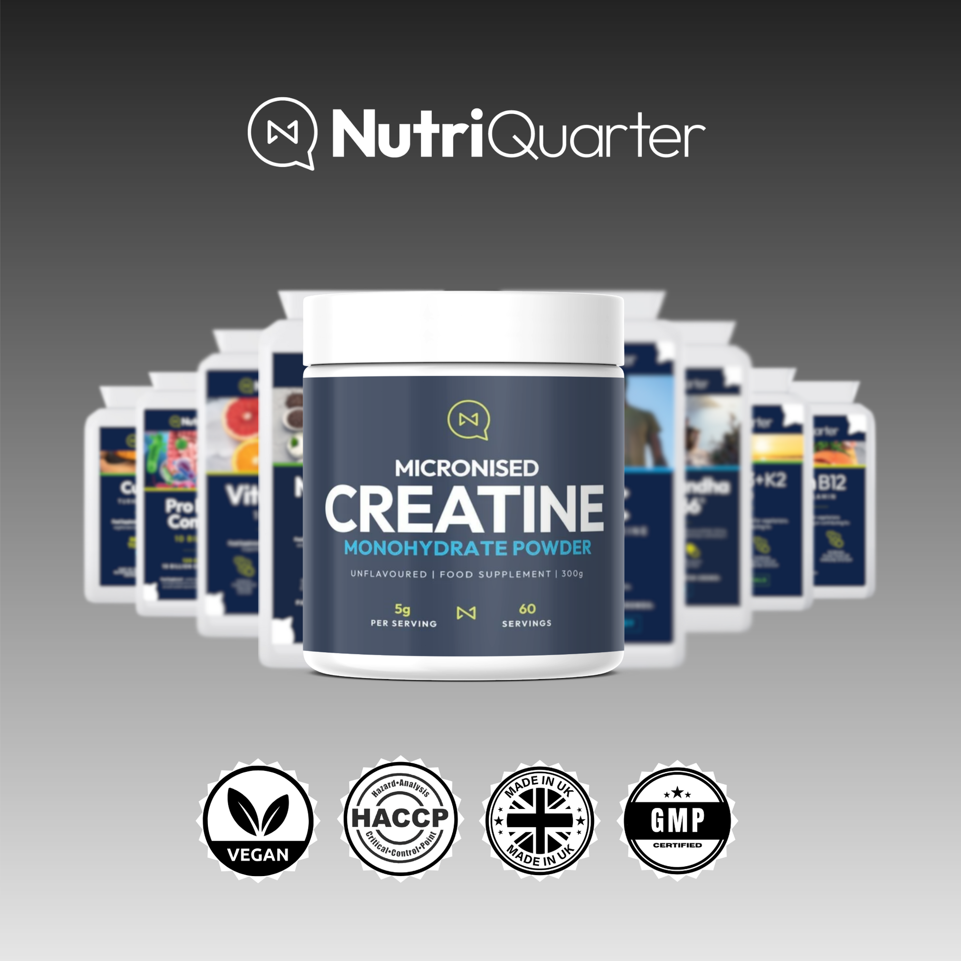 Container of Micronised Creatine Monohydrate Powder with NutriQuarter branding and certification logos on a gray background.