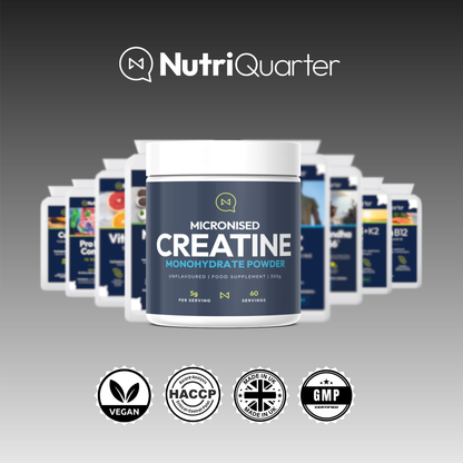 Container of Micronised Creatine Monohydrate Powder with NutriQuarter branding and certification logos on a gray background.