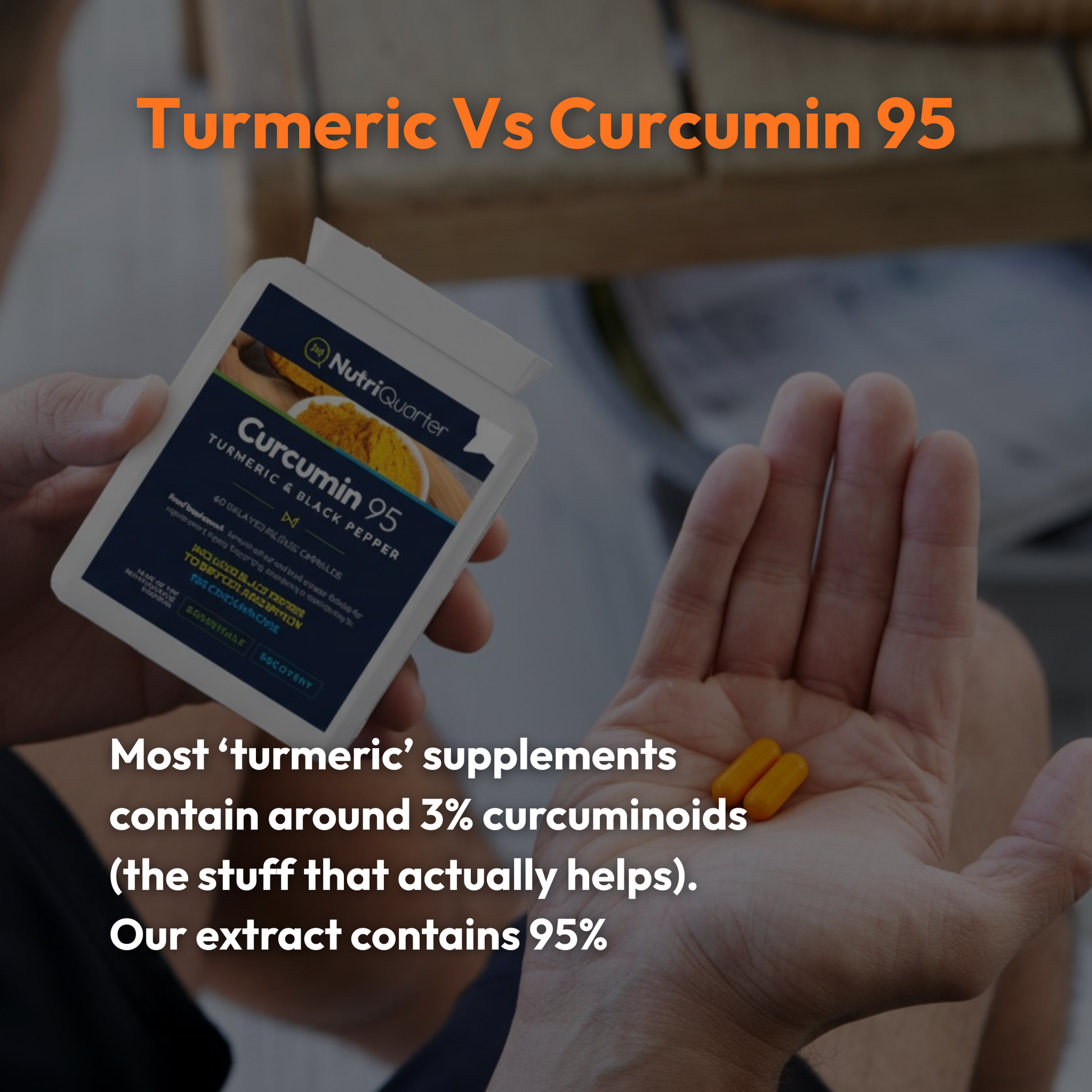 Person holding a supplement package labeled 'Curcumin 95' with two capsules in their palm.