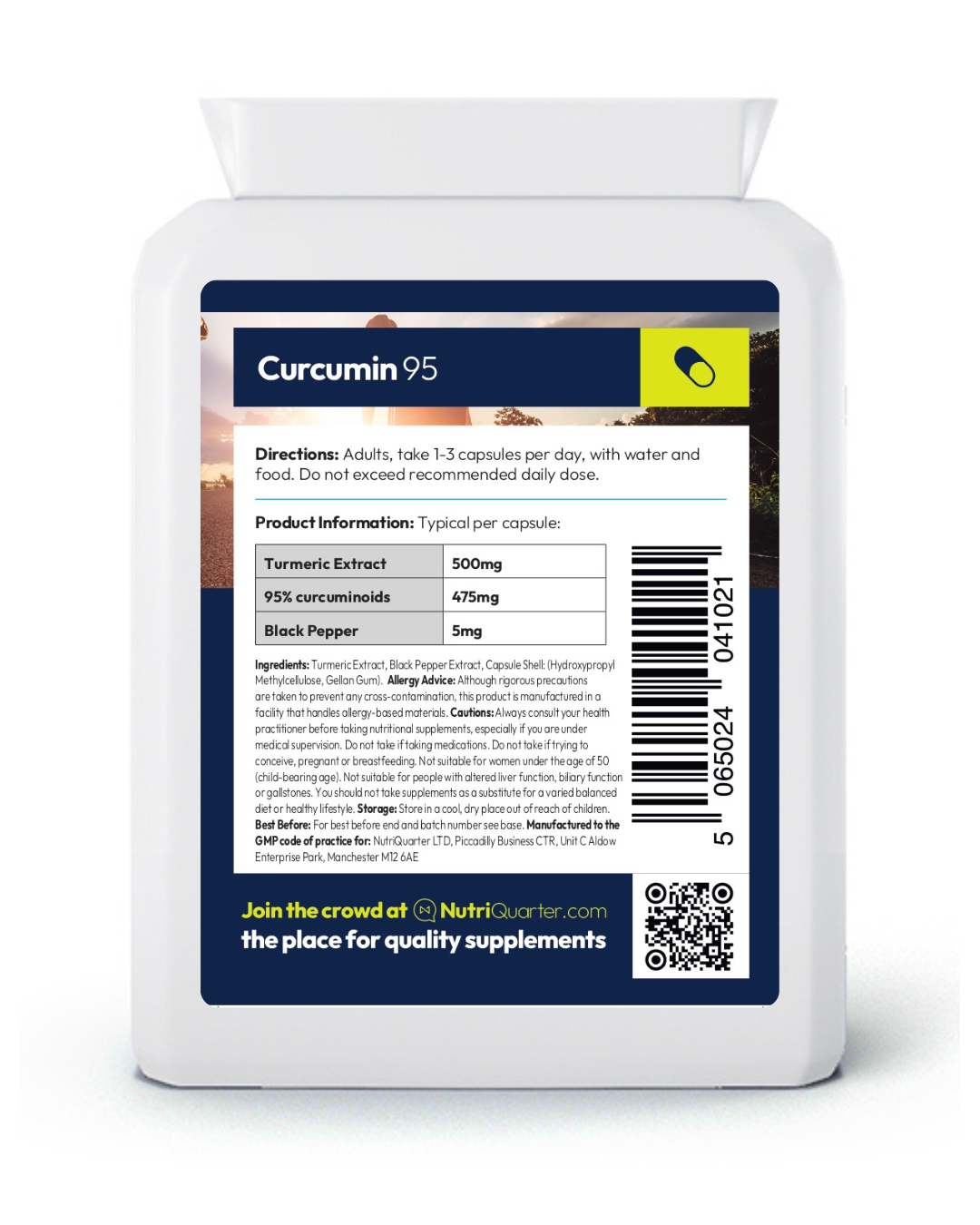 Supplement bottle labeled 'Curcumin 95' with nutritional information on a white background