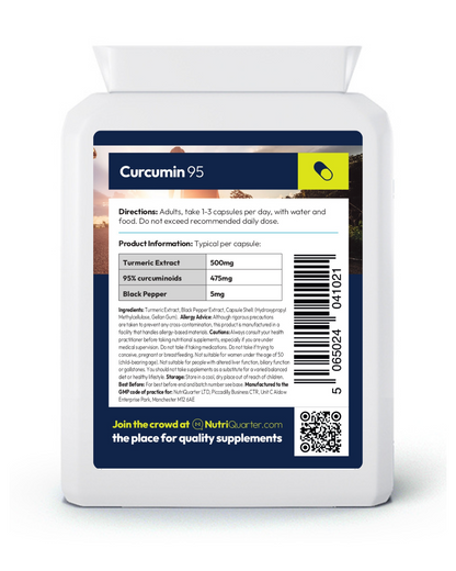 Supplement bottle labeled 'Curcumin 95' with nutritional information on a white background