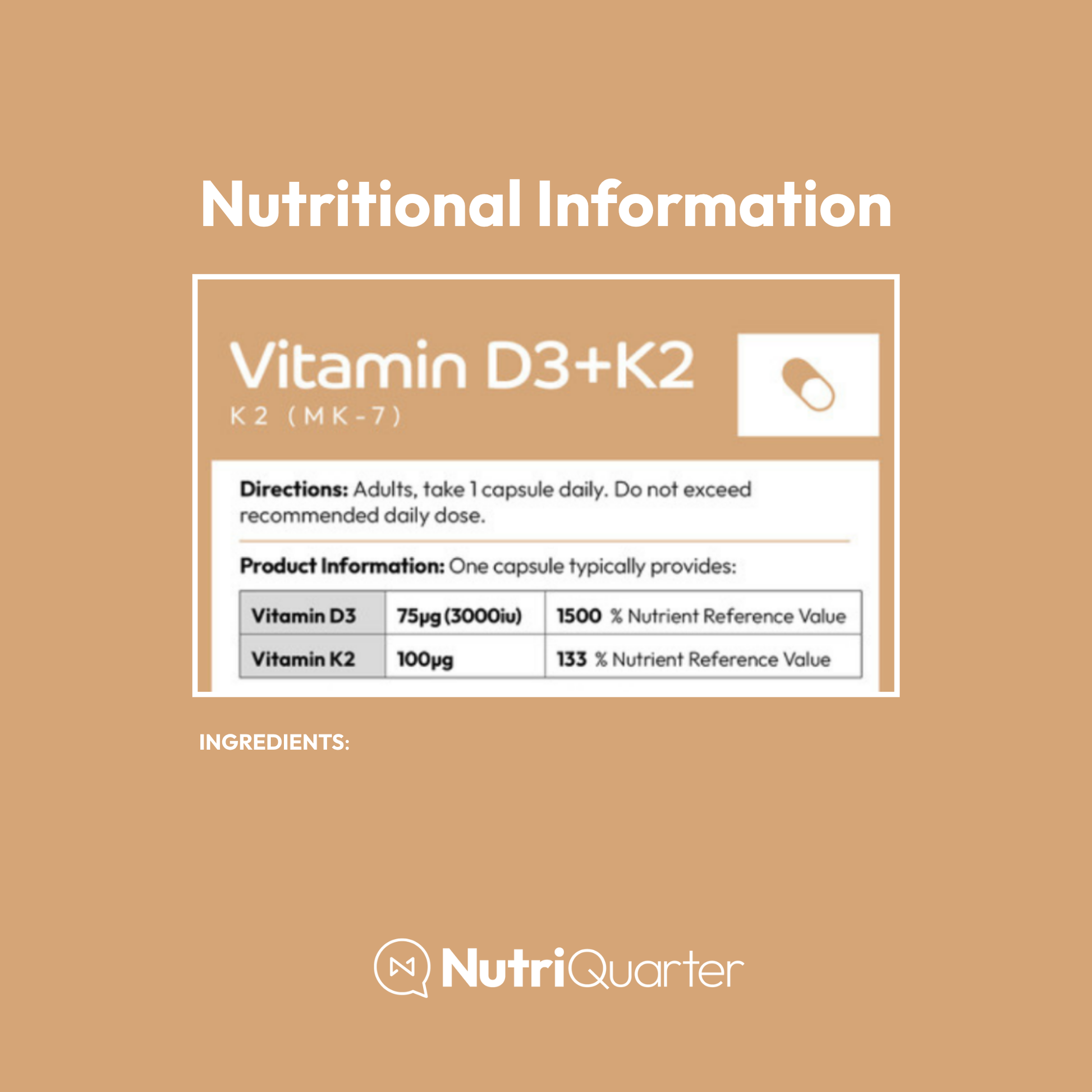 Nutritional information label for Vitamin D3+K2 on a brown background with NutriQuarter branding.