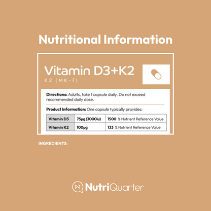 Nutritional information label for Vitamin D3+K2 on a brown background with NutriQuarter branding.