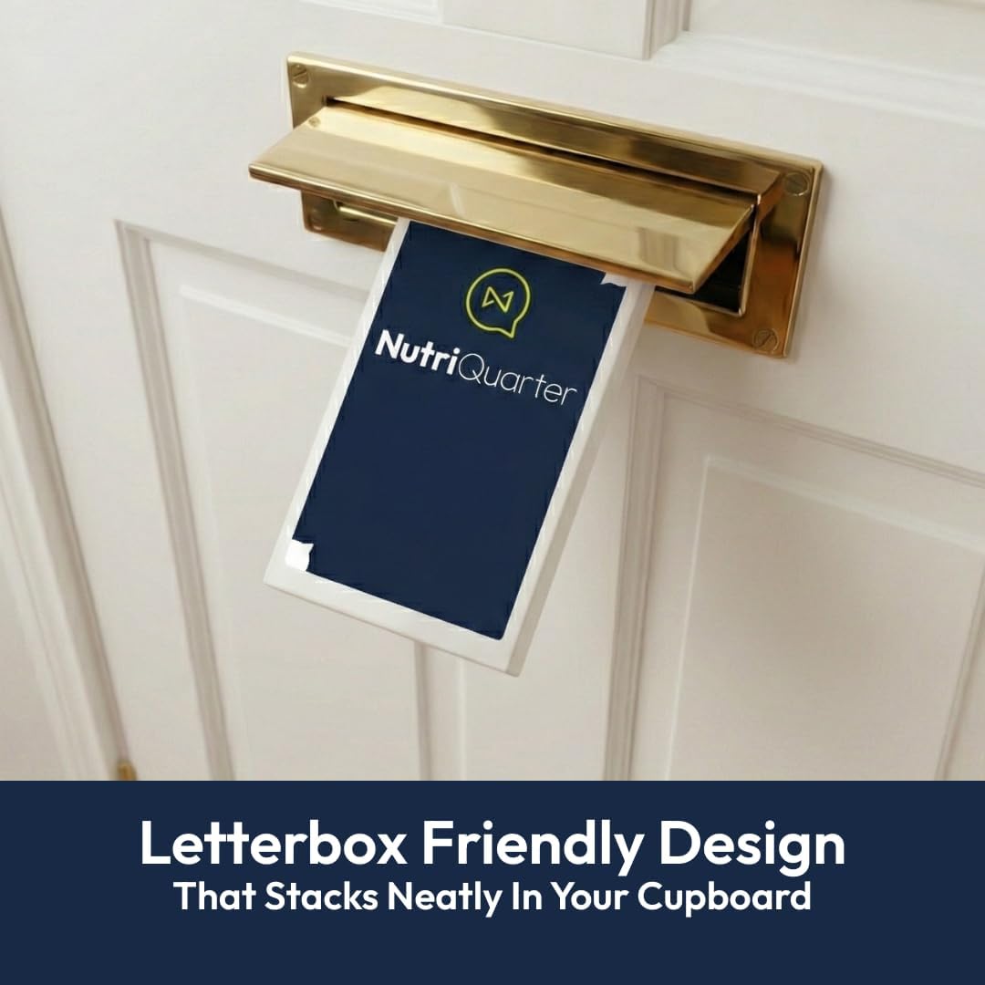 NutriQuarter package being inserted into a letterbox with text 'Letterbox Friendly Design That Stacks Neatly In Your Cupboard'.