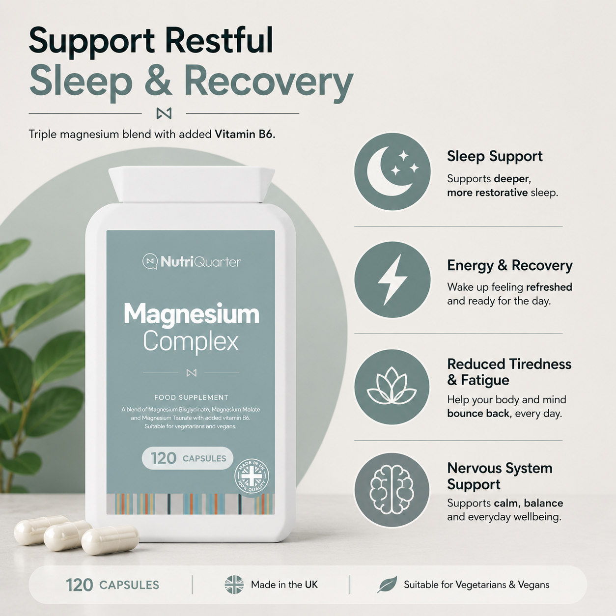 Nutraceutical supplement packaging with text on sleep support, energy recovery, reduced tiredness, and nervous system support.