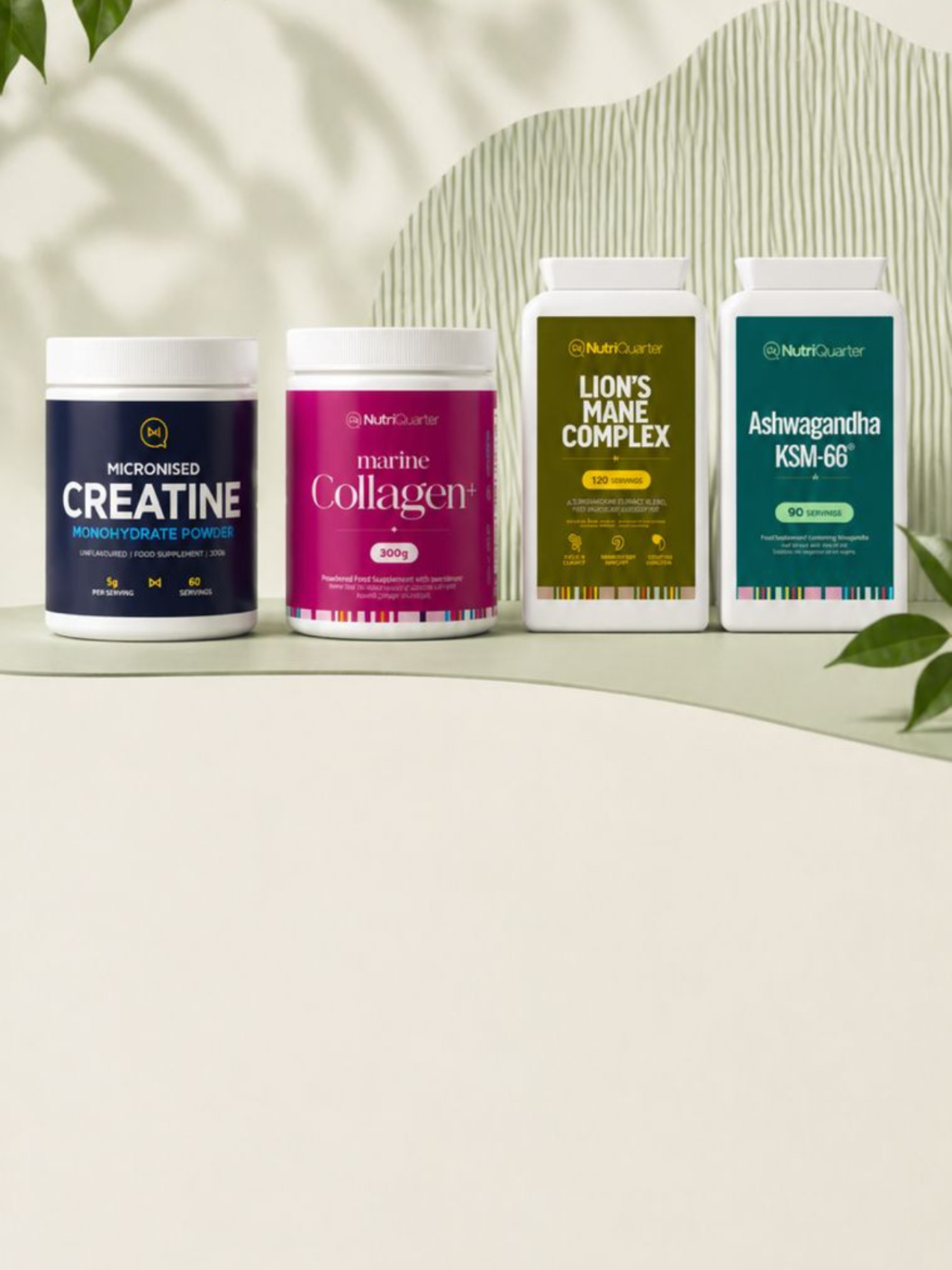 Four supplement containers on a light background with greenery