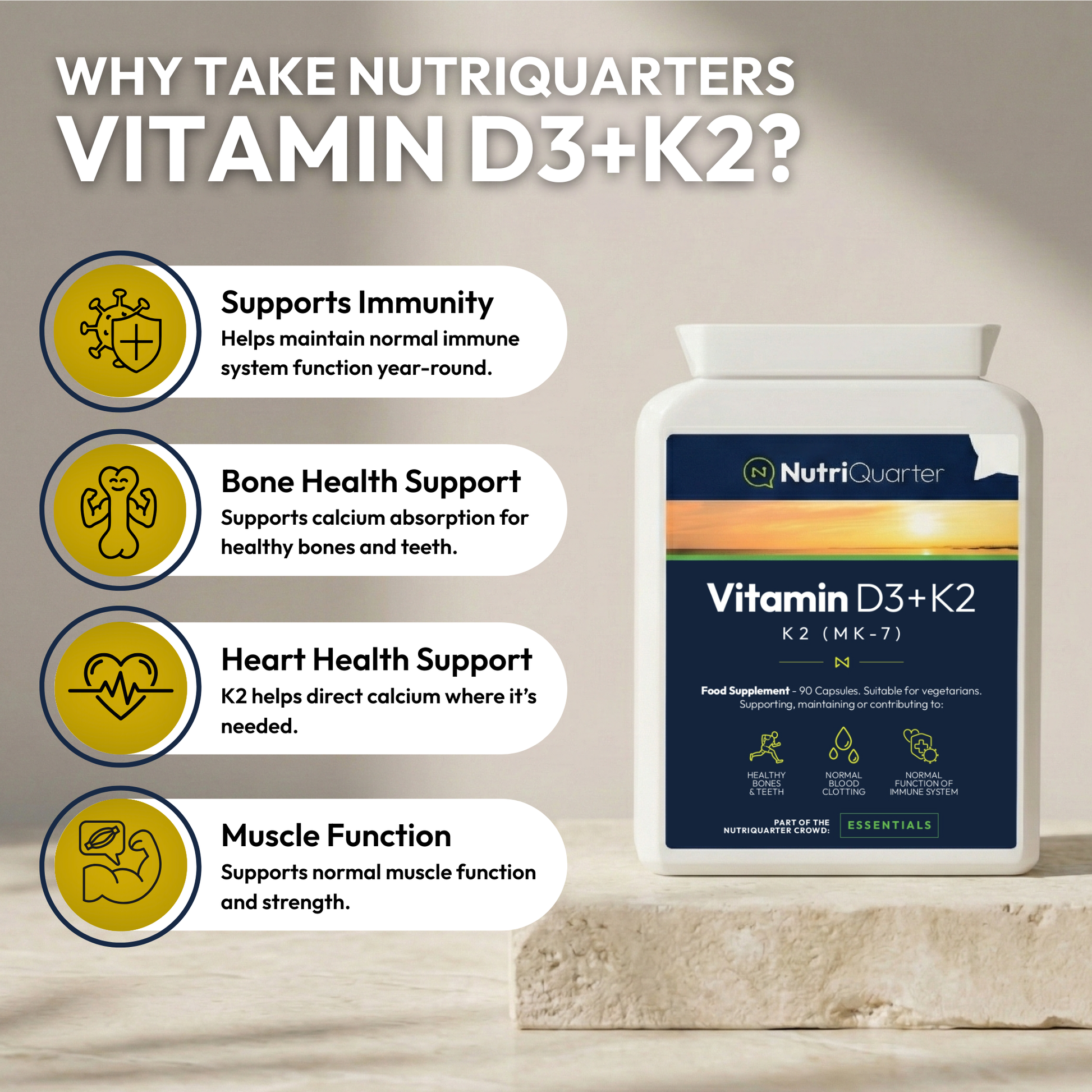 NutriQuarters Vitamin D3+K2 supplement bottle with benefits listed on a neutral background