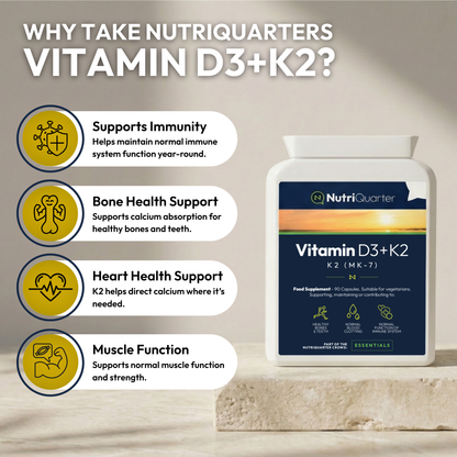 NutriQuarters Vitamin D3+K2 supplement bottle with benefits listed on a neutral background